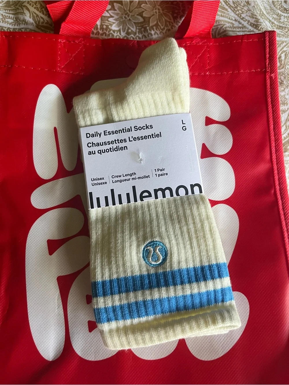 lululemon athletica Cream Crew Socks with Blue Stripes